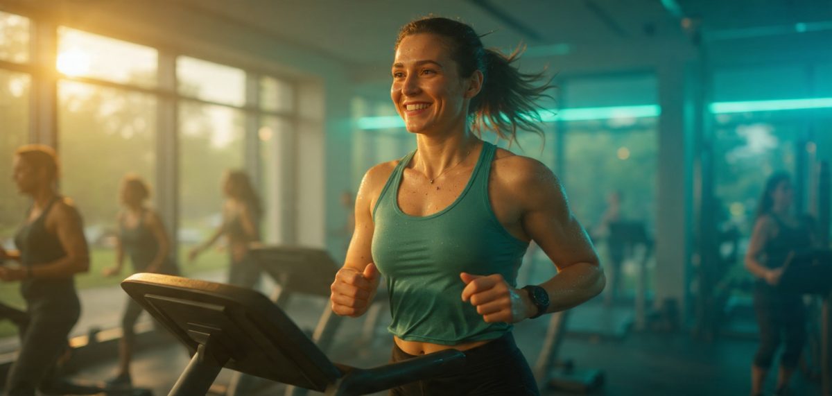 Mujer corriendo en una cinta de correr en el gimnasio, ejercitándose para mejorar su salud cardiovascular y bienestar general.