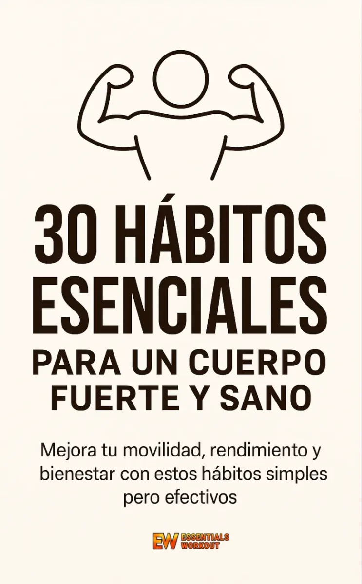 Portada del mini ebook “30 Hábitos Esenciales para un Cuerpo Fuerte y Sano” de Essentials Workout, con Leonardo Madriz mostrando un cuerpo fuerte y saludable, y el eslogan “Haz lo esencial, hazlo mejor”.