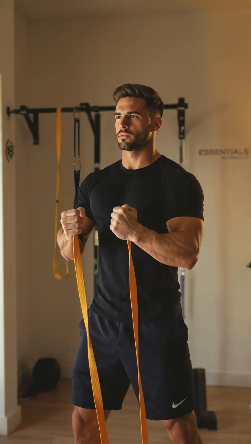 Atleta entrenando con bandas elásticas en casa demostrando disciplina y energía según el método Essentials Workout.