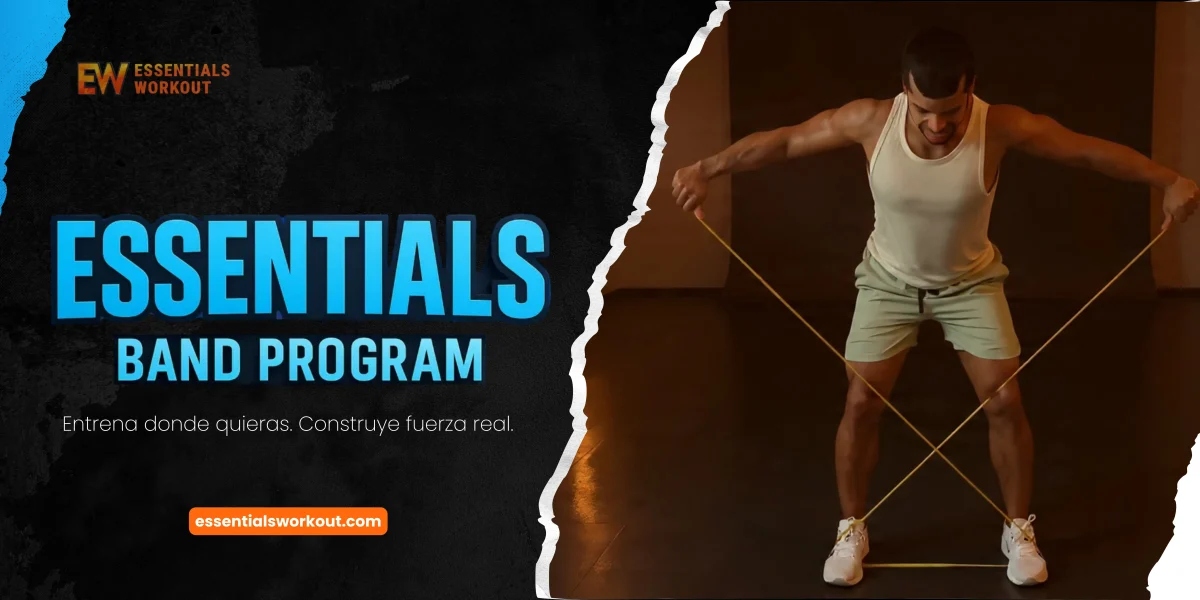 Persona entrenando con bandas elásticas en casa con Essentials Band Program.
