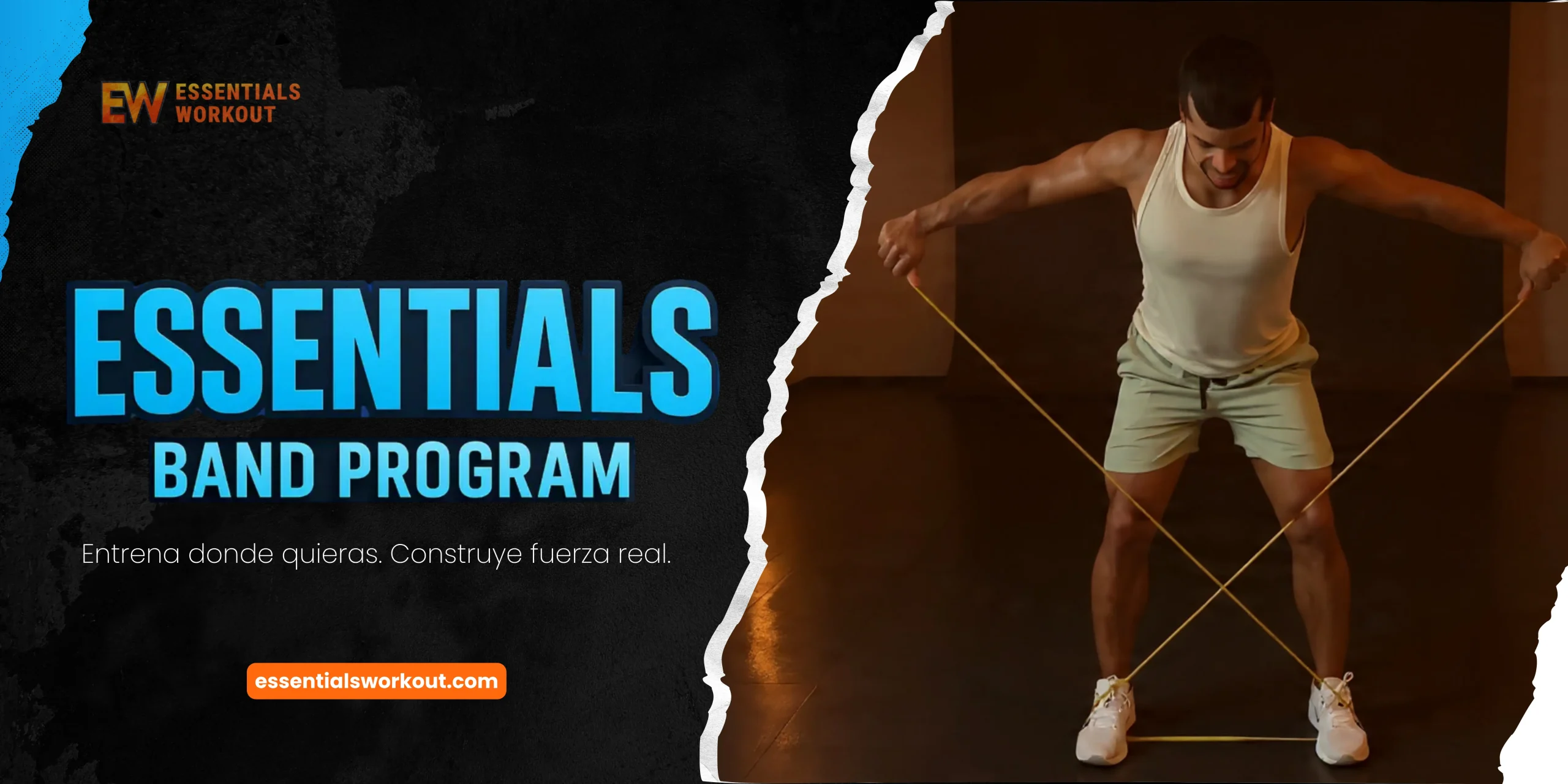 Persona entrenando con bandas elásticas en casa con Essentials Band Program.