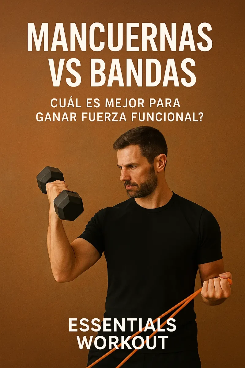Hombre entrenando con mancuerna y banda de resistencia, comparando ambos métodos de fuerza funcional, estilo Essentials Workout.