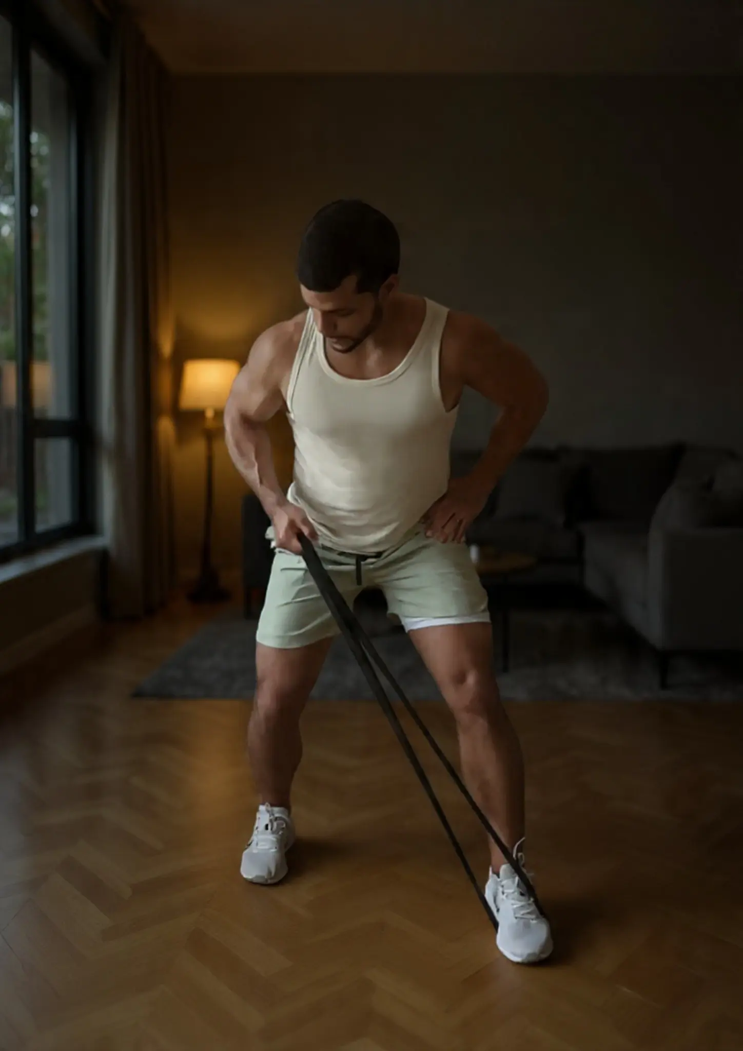 Persona entrenando con bandas elásticas en un gimnasio, representando el método Essentials Workout de fuerza y movilidad funcional.